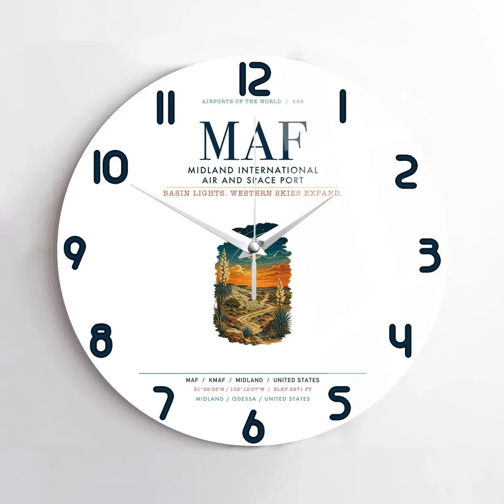 Midland International Air and Space Port (MAF) design on white no frame wall clock