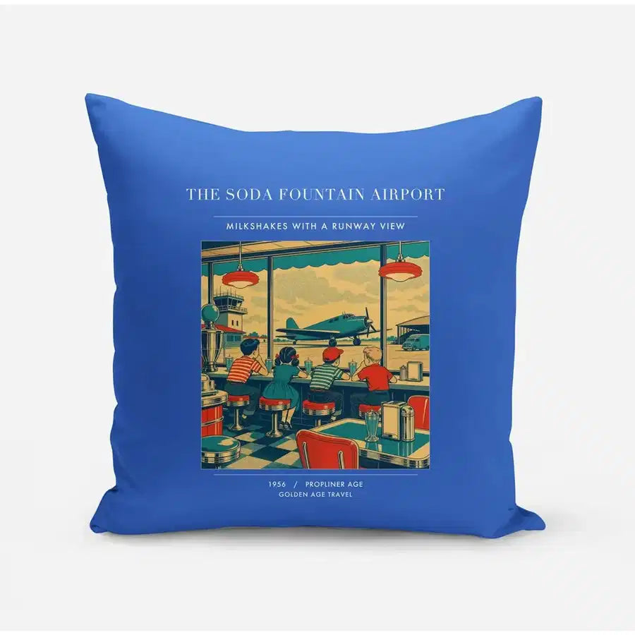 VINTAGE G4247 - The Soda Fountain Airport - Designed Pillows design on blue