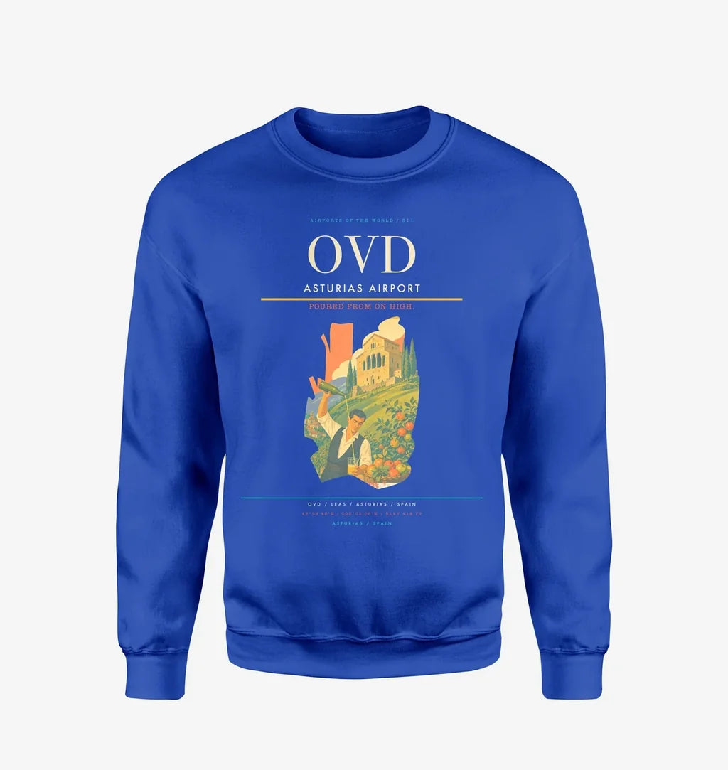 Asturias Airport (OVD) design on blue sweatshirt