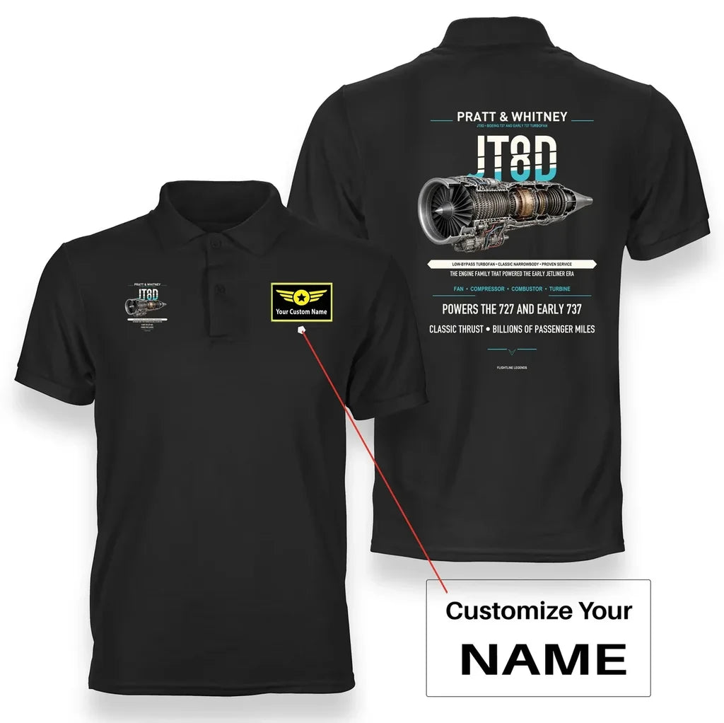 JT8D design on black polo with custom name badge