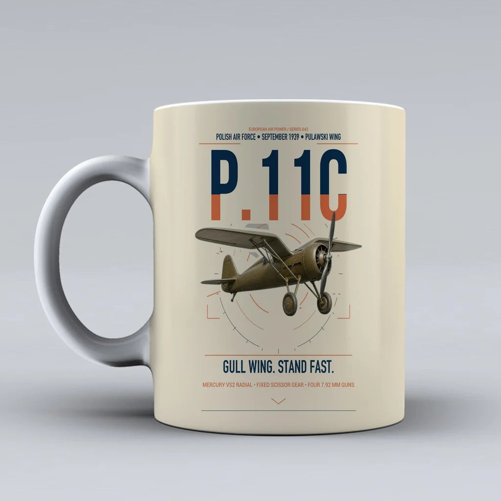PZL P.11c design on beige ceramic mug, double-side print
