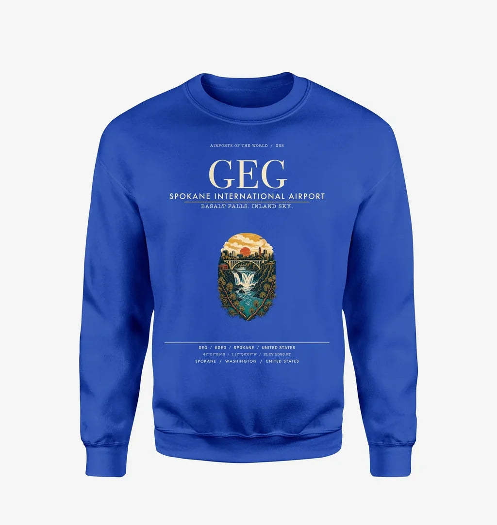 Spokane International Airport (GEG) design on blue sweatshirt