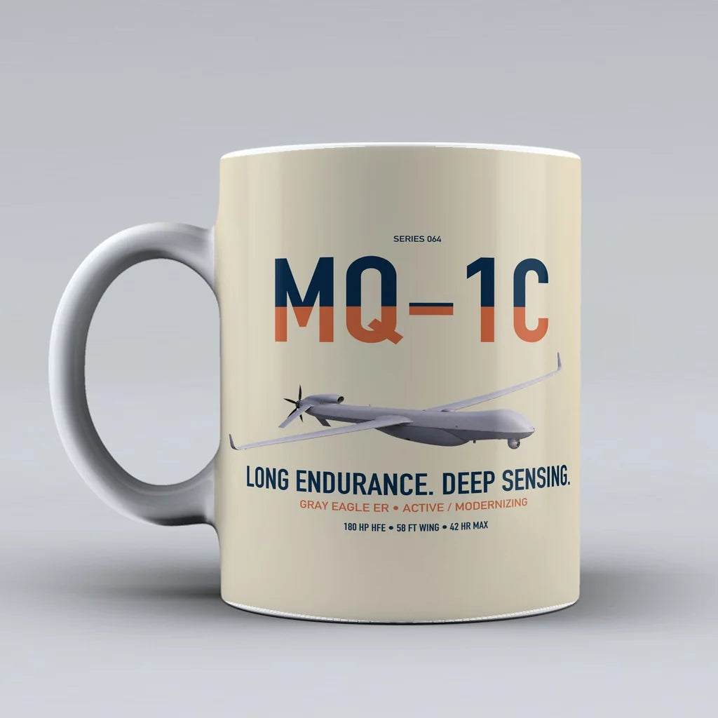 MQ-1C Gray Eagle ER design on beige ceramic mug, double-side print