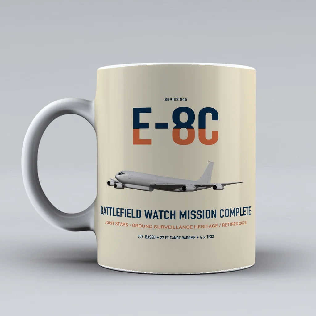E-8C Joint STARS design on beige ceramic mug, double-side print