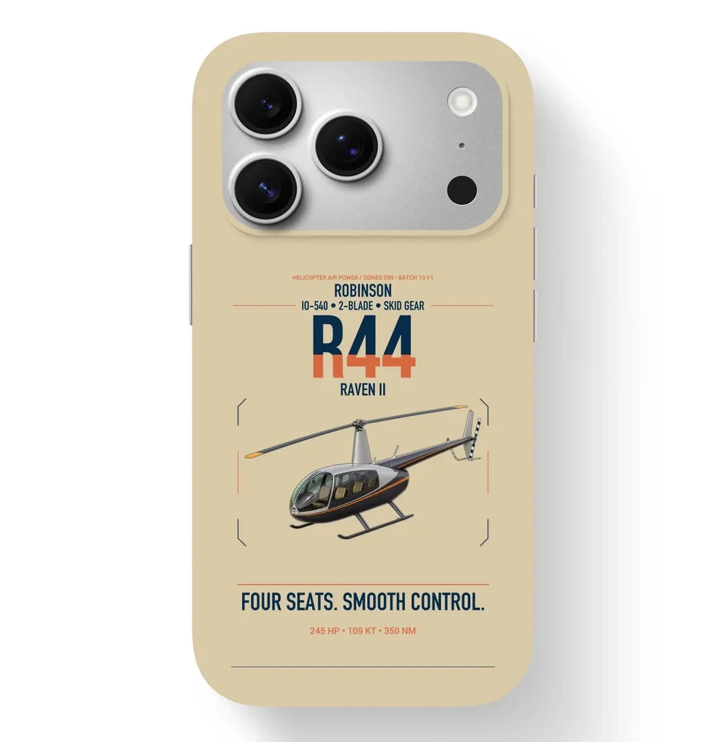 Robinson R44 Raven II design on beige magsafe iphone case, for iPhone 17 Pro