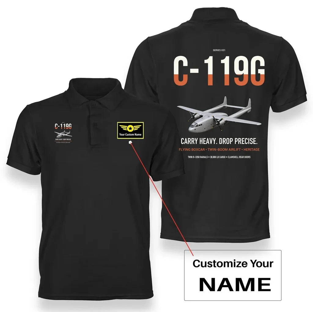 C-119G Flying Boxcar design on black+name double-side polo t-shirt, double-side print