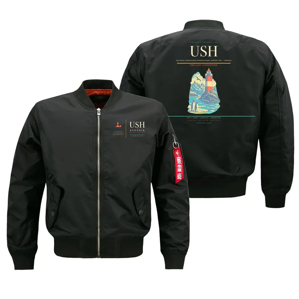 Malvinas Argentinas International Airport (USH) design on black bomber jacket