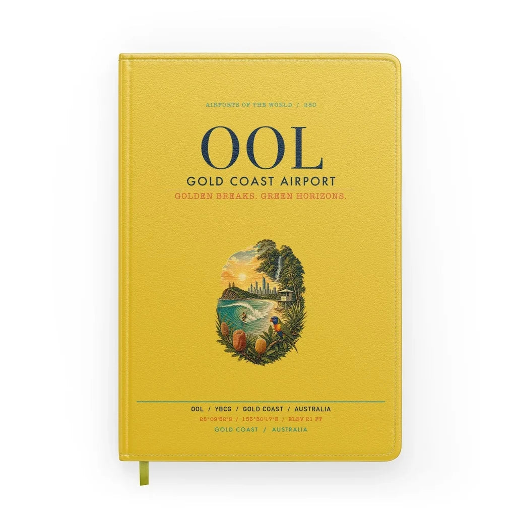 Gold Coast Airport (OOL) design on yellow notebook