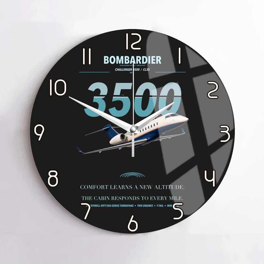Bombardier Challenger 3500 design on black no frame wall clock