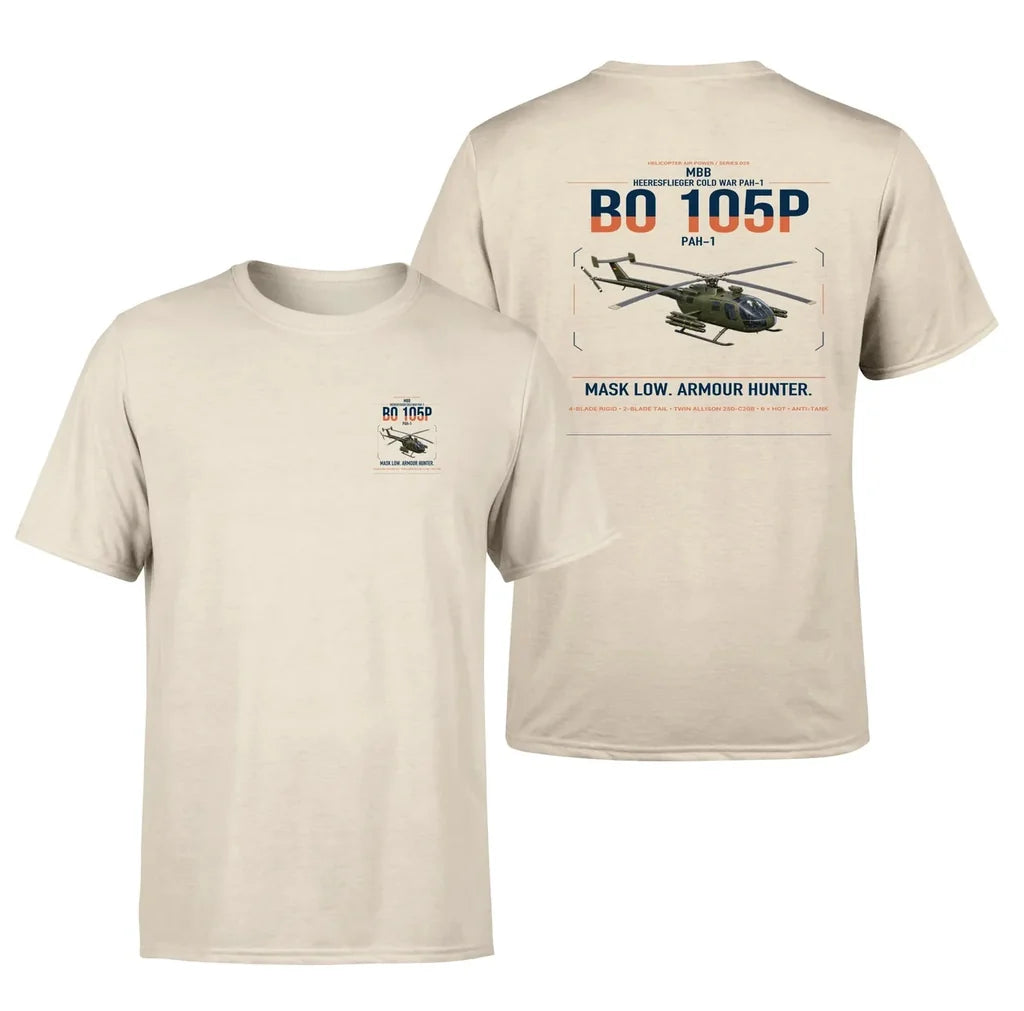 MBB BO 105P PAH-1 design on beige t-shirt, double-side print