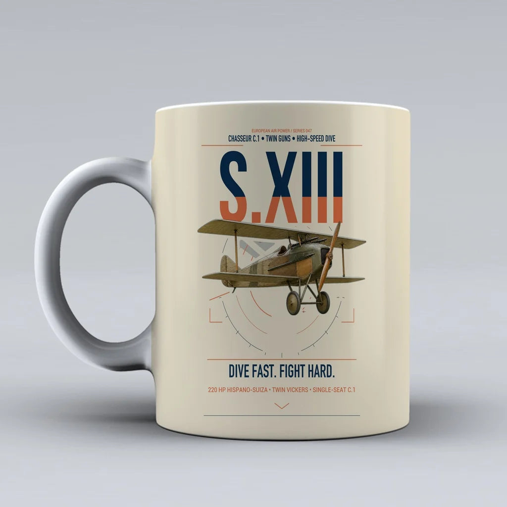 SPAD S.XIII C.1 design on beige ceramic mug, double-side print