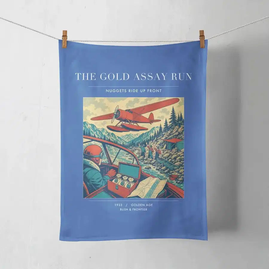 VINTAGE G4415 - The Gold Assay Run - Designed Towels design on blue