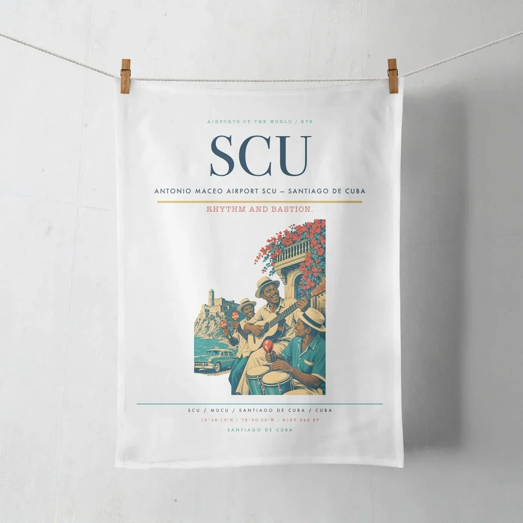 Antonio Maceo Airport (SCU) design on white towel