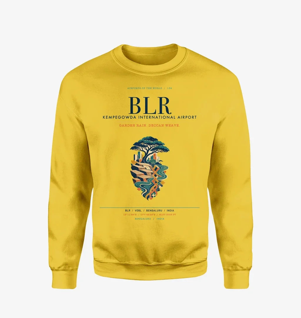 Kempegowda International Airport Bengaluru (BLR) design on yellow sweatshirt