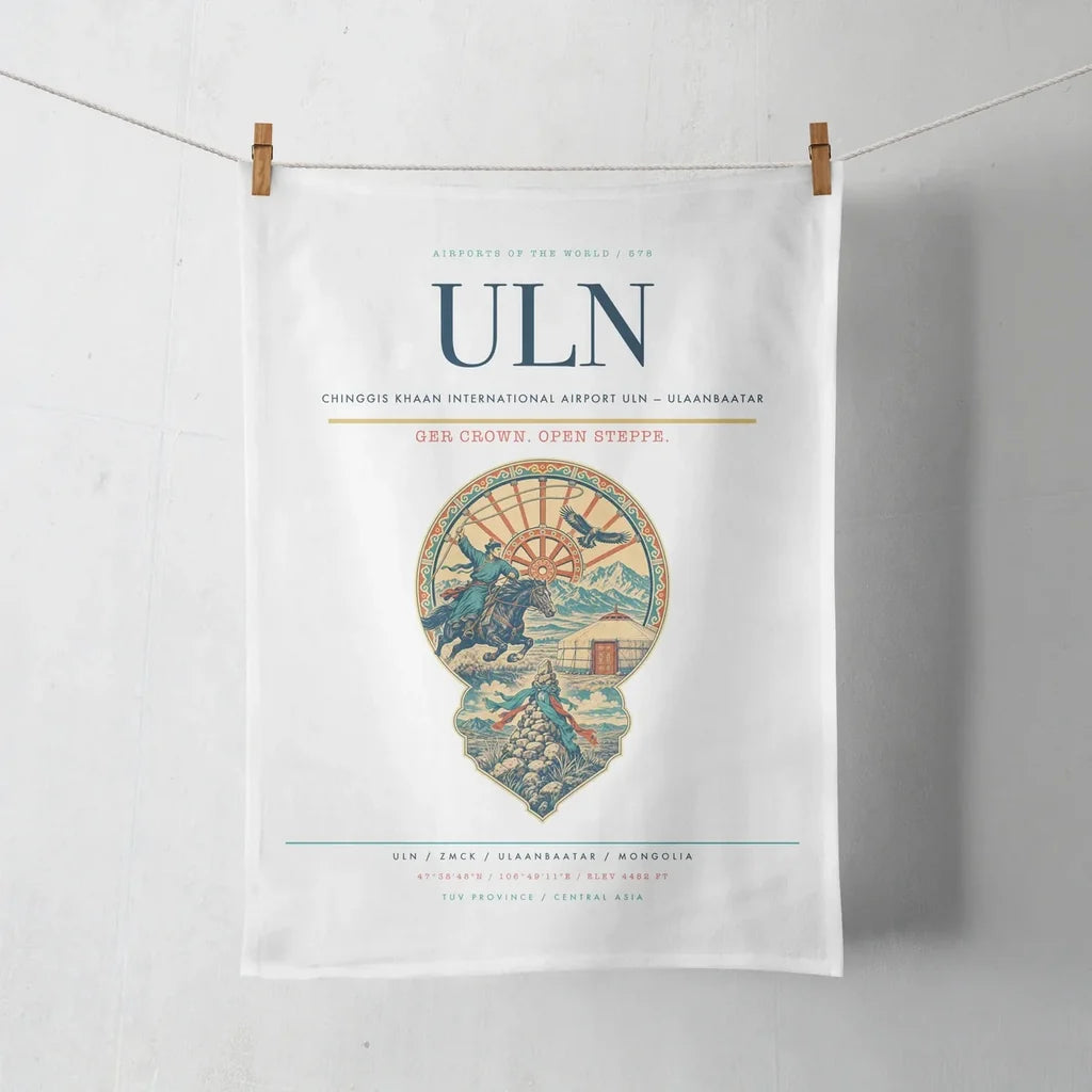 Chinggis Khaan International Airport (ULN) design on white towel