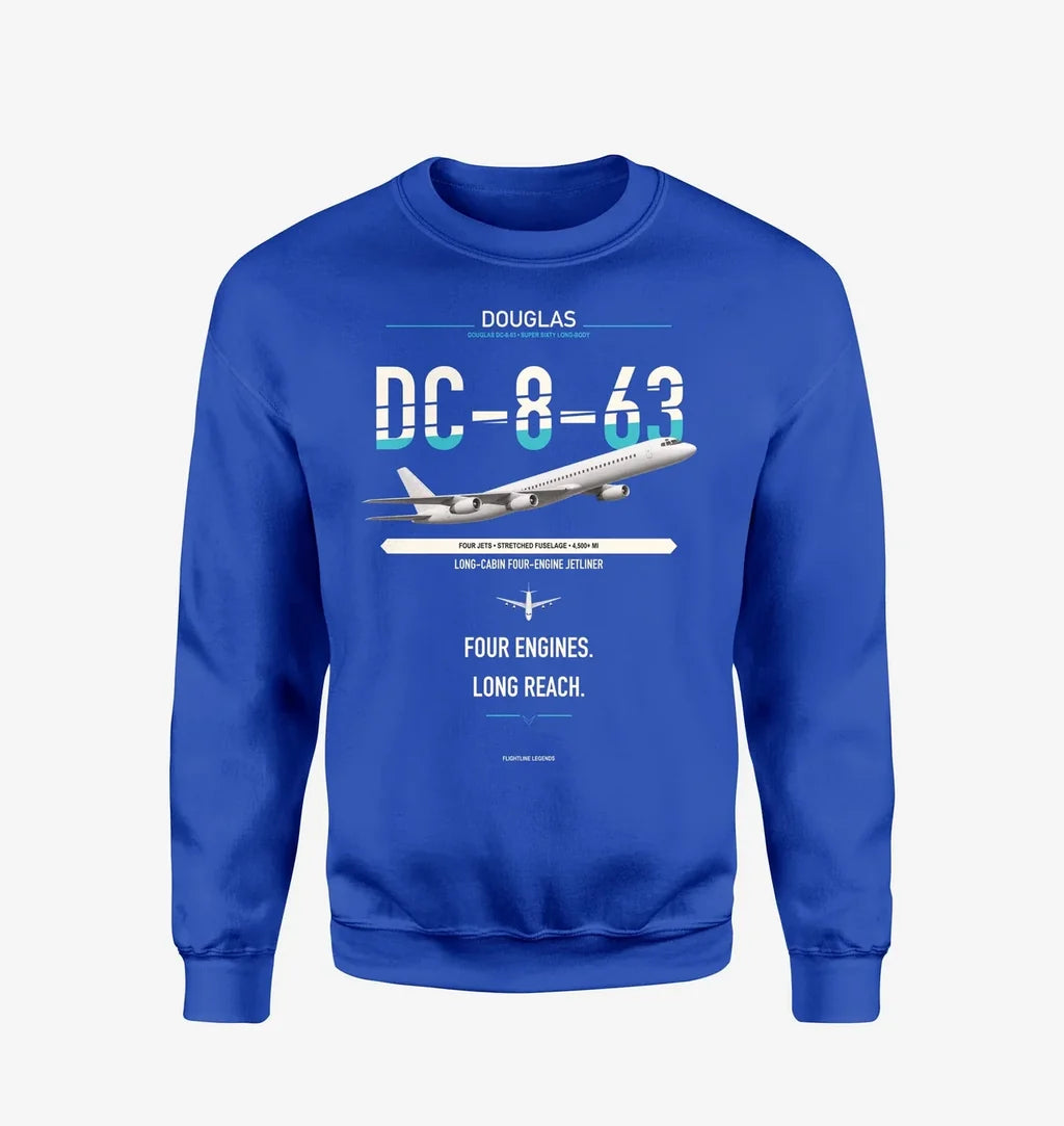 Douglas DC-8-63 design on blue sweatshirt