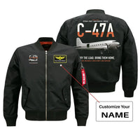 Thumbnail for C-47A Skytrain design on black+name bomber jacket, double-side print