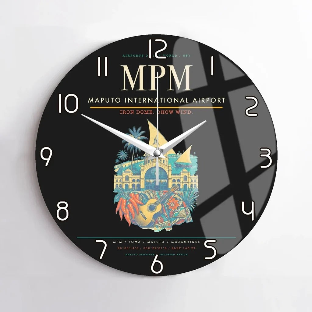 Maputo International Airport (MPM) design on black no frame wall clock