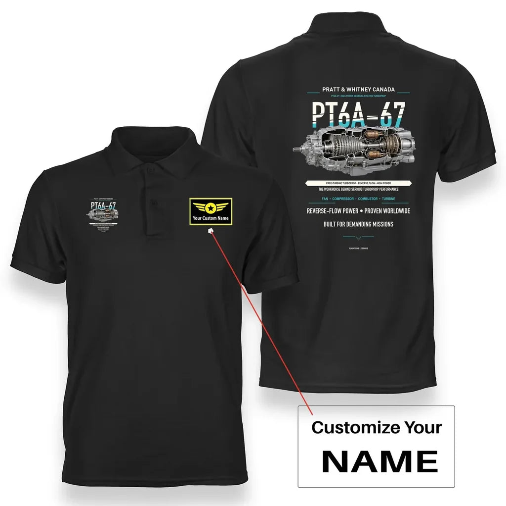 PT6A-67 design on black polo with custom name badge