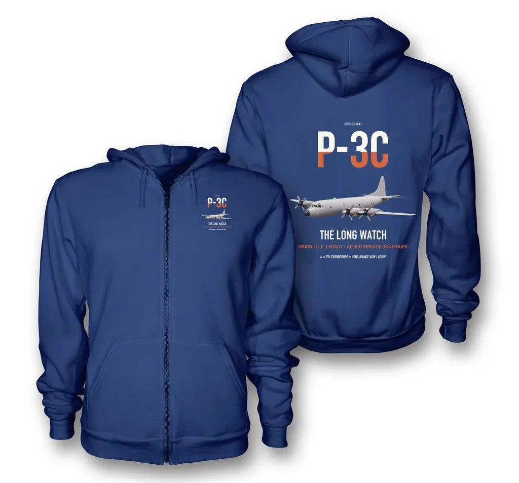 P-3C Orion design on blue premium zipped hoodie, double-side print