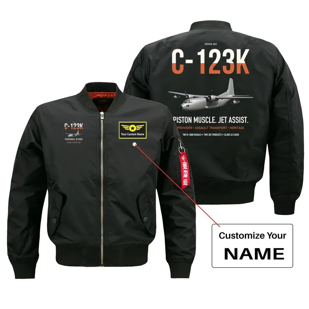 C-123K Provider design on black+name bomber jacket, double-side print