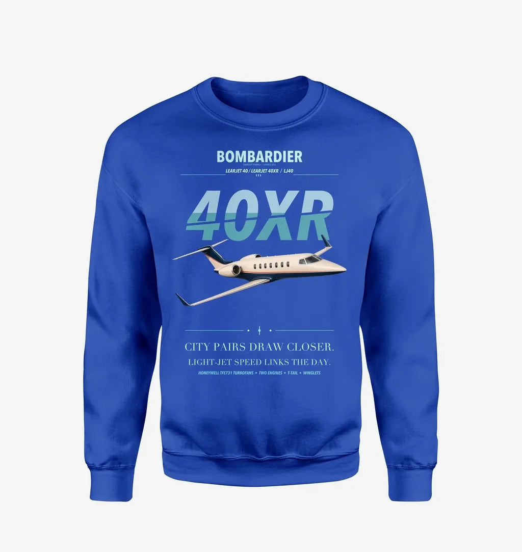 Bombardier Learjet 40XR design on blue sweatshirt
