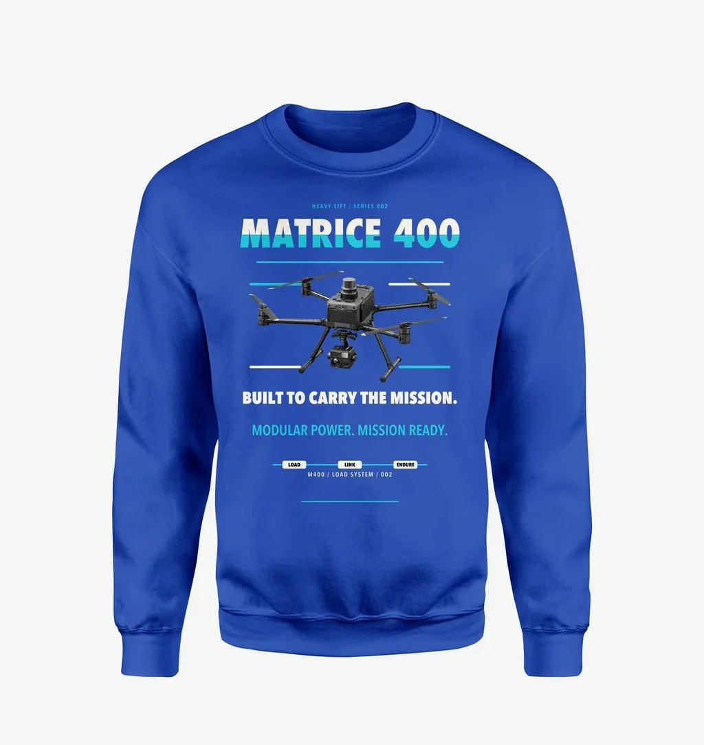DJI Matrice 400 design on blue sweatshirt