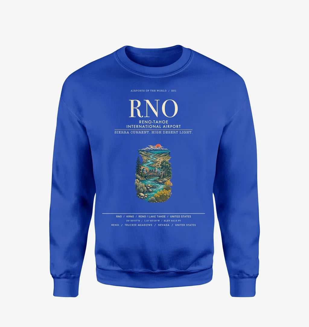 Reno-Tahoe International Airport (RNO) design on blue sweatshirt