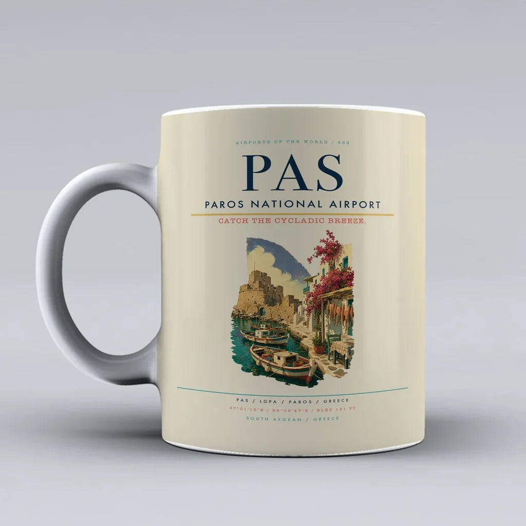 Paros National Airport (PAS) airport code design on beige ceramic mug