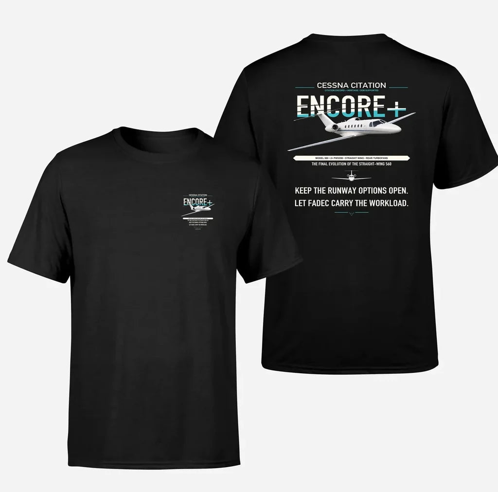 Cessna Citation Encore+ design on black double-side t-shirt, double-side print