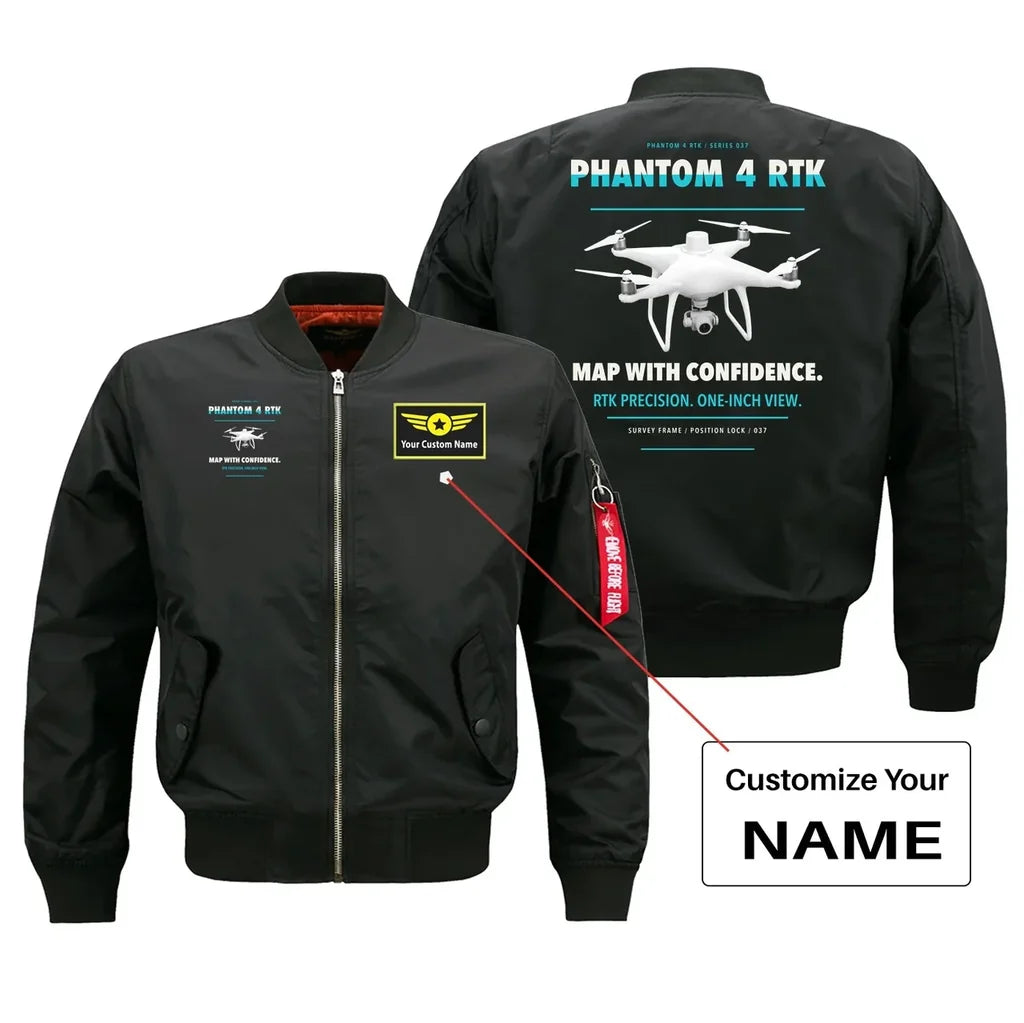 DJI Phantom 4 RTK design on black bomber with custom name badge