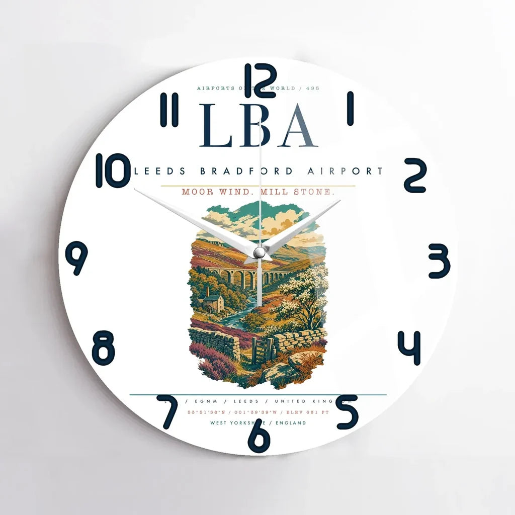 Leeds Bradford Airport (LBA) design on white no frame wall clock