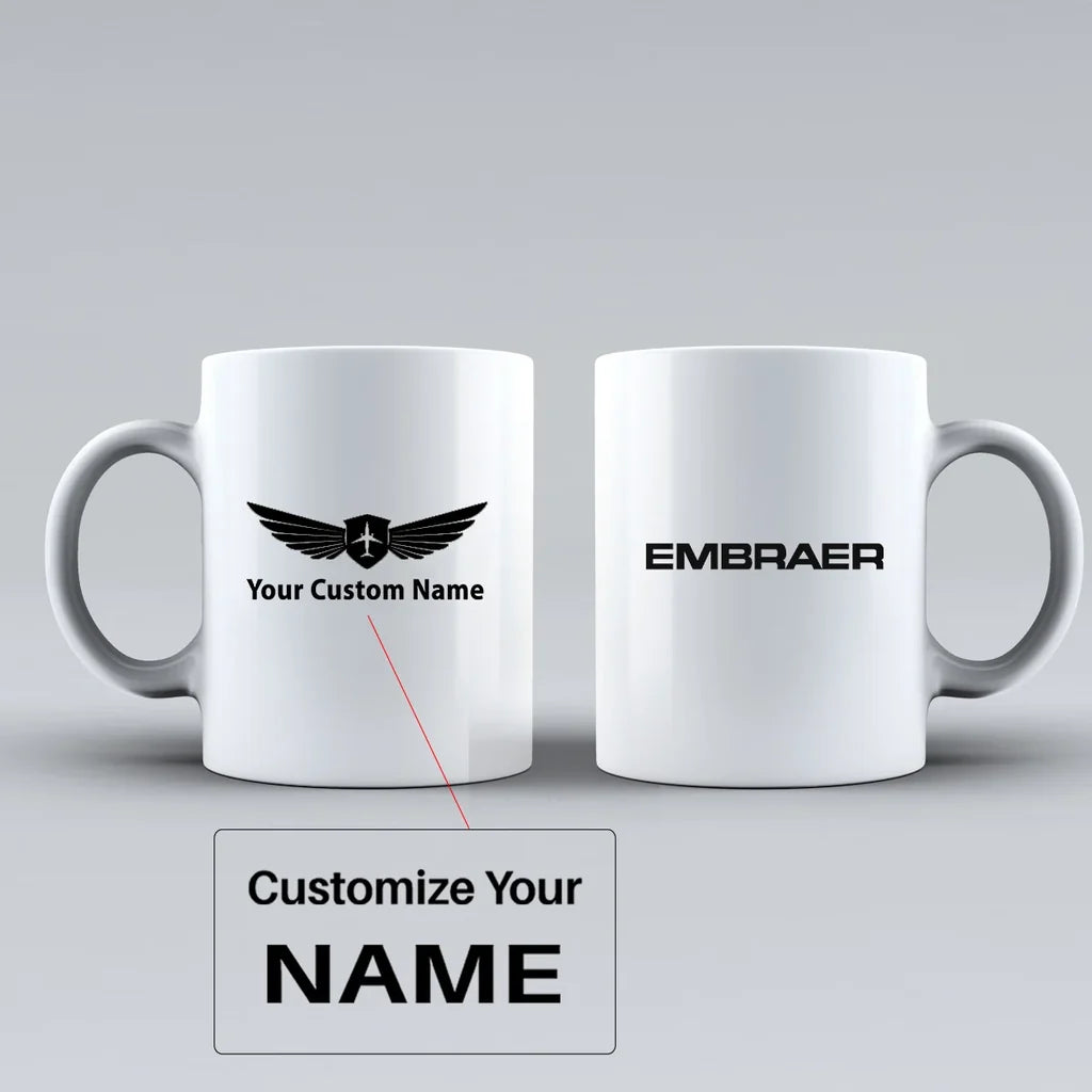 Embraer & Text Ceramic White aviation design on ceramic mug, premium ceramic with glazed finish.
