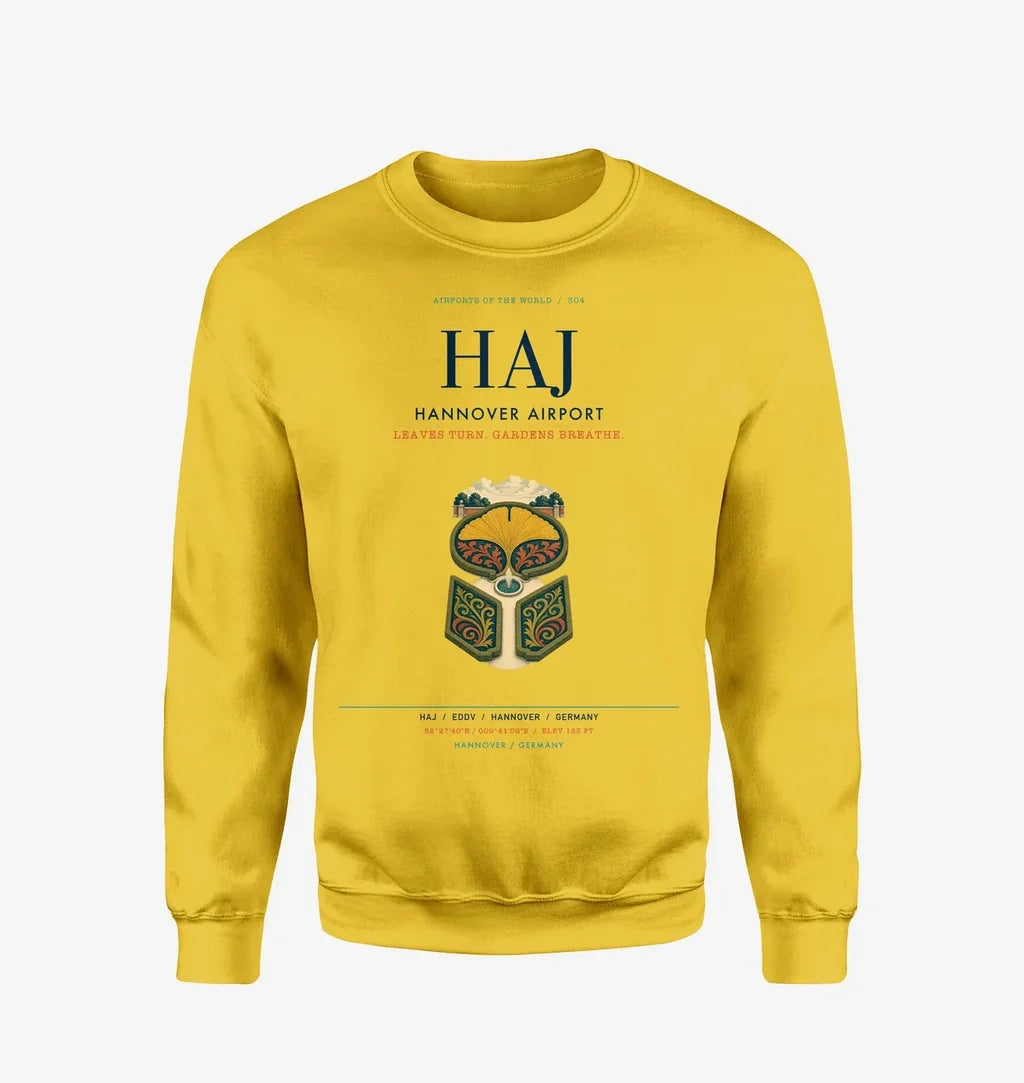Hannover Airport (HAJ) design on yellow sweatshirt