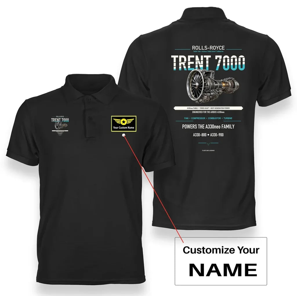 TRENT 7000 design on black polo with custom name badge