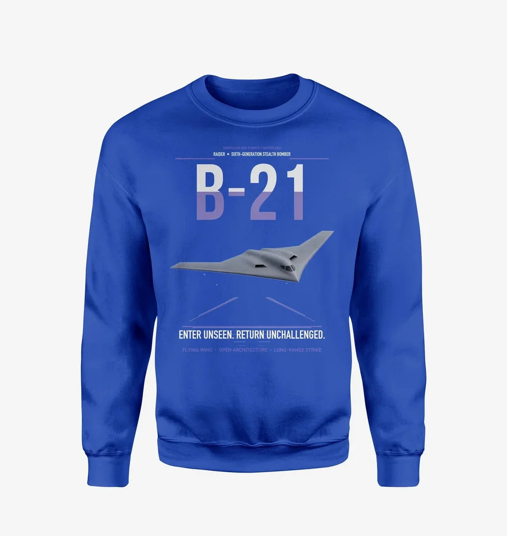 B-21 Raider design on blue sweatshirt