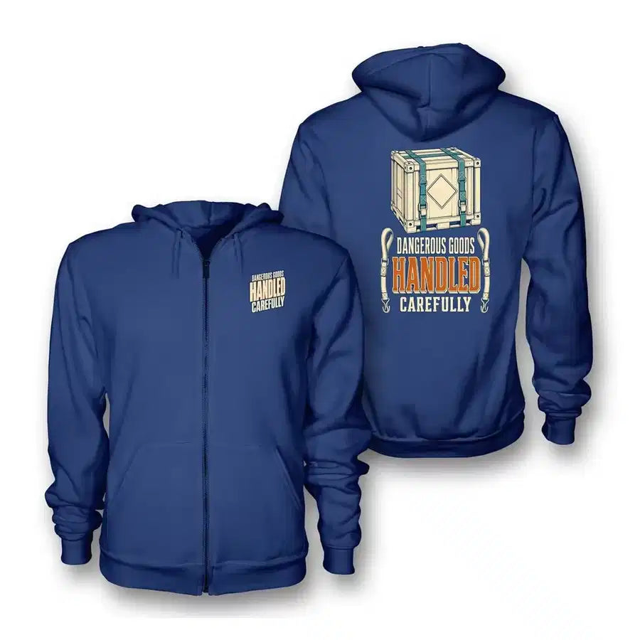SIGNAL 377 - Dangerous Goods Handled Carefully - Zipped Hoodie design on blue zipped hoodie