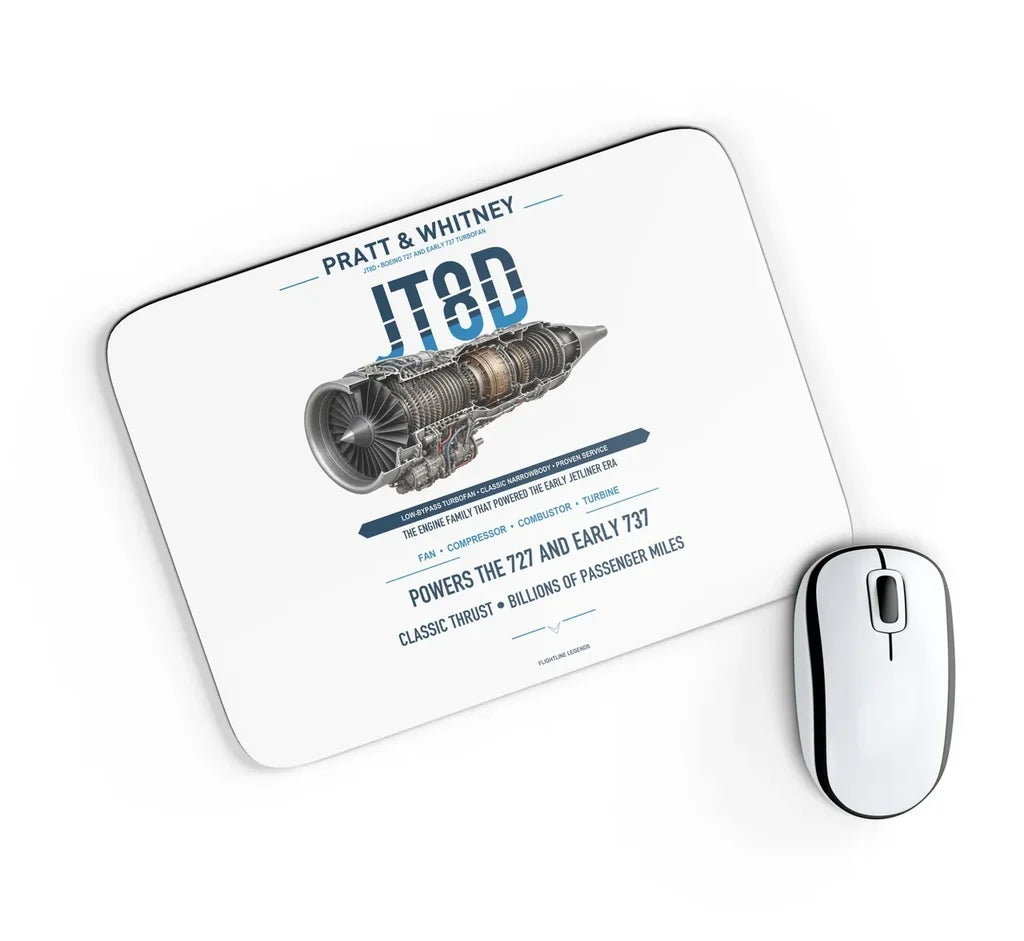 JT8D design on white rectangle mouse pad