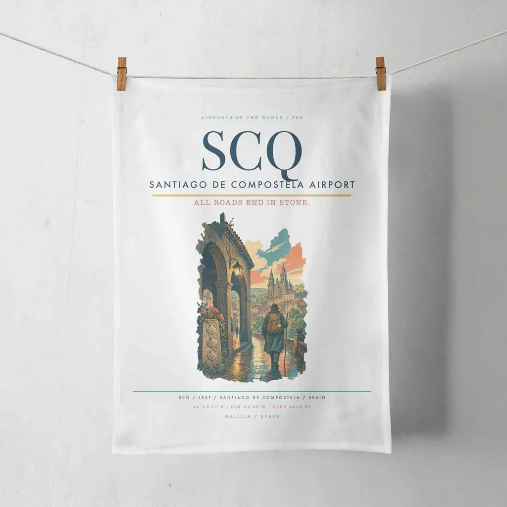 Santiago de Compostela Airport (SCQ) design on white towel