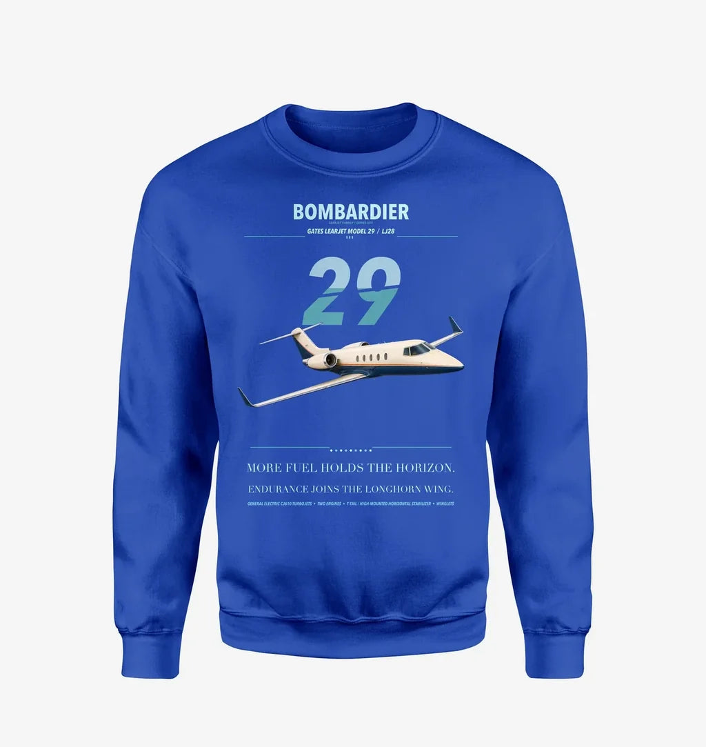 Bombardier Learjet 29 design on blue sweatshirt