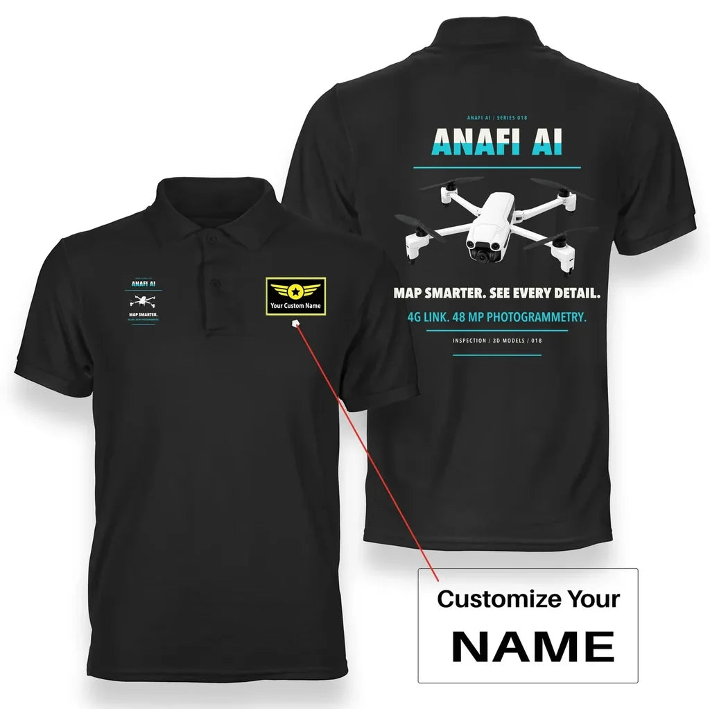 Parrot ANAFI Ai design on black polo with custom name badge