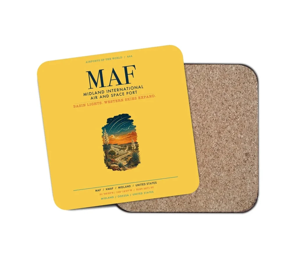 Midland International Air and Space Port (MAF) design on yellow 1 piece coaster
