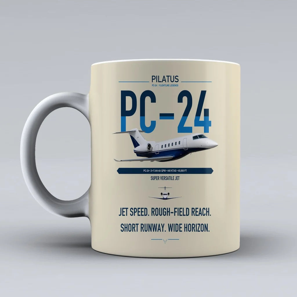 Pilatus PC-24 design on beige ceramic mug, double-side print