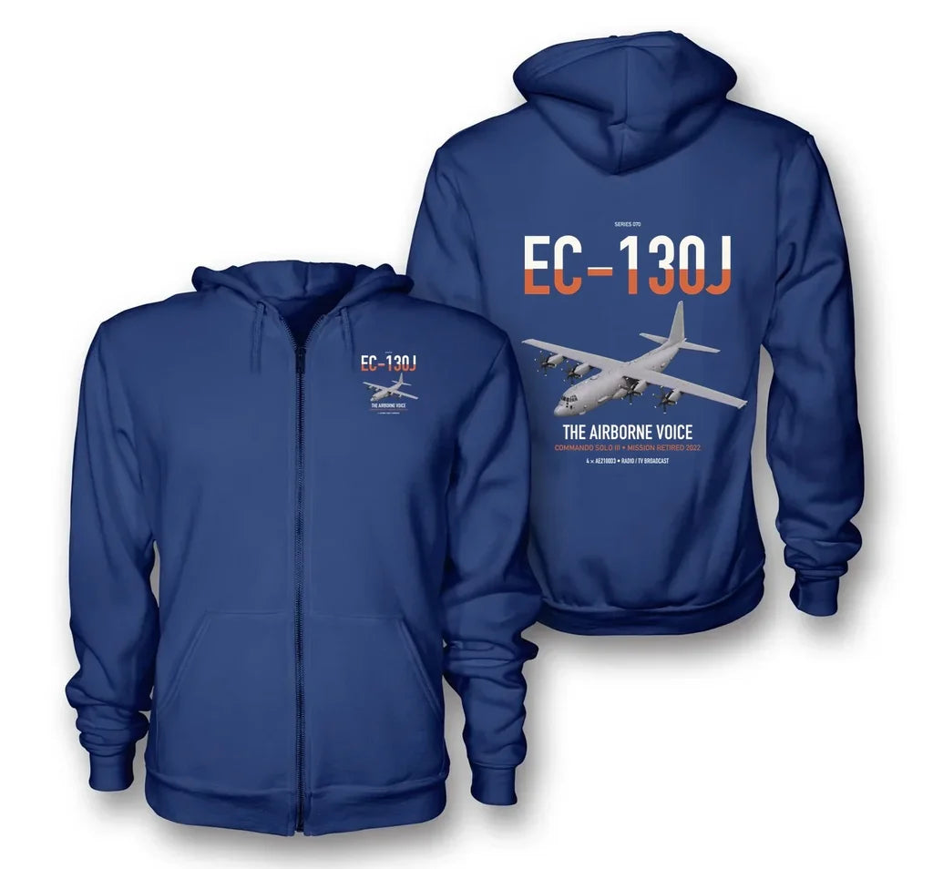 EC-130J Commando Solo III design on blue premium zipped hoodie, double-side print