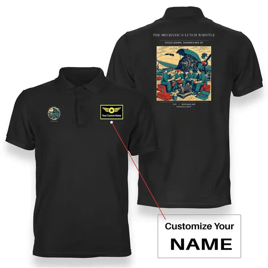 VINTAGE G4452 - The Mechanic's Lunch Whistle - Double-Side Polo T-Shirt design on black+name