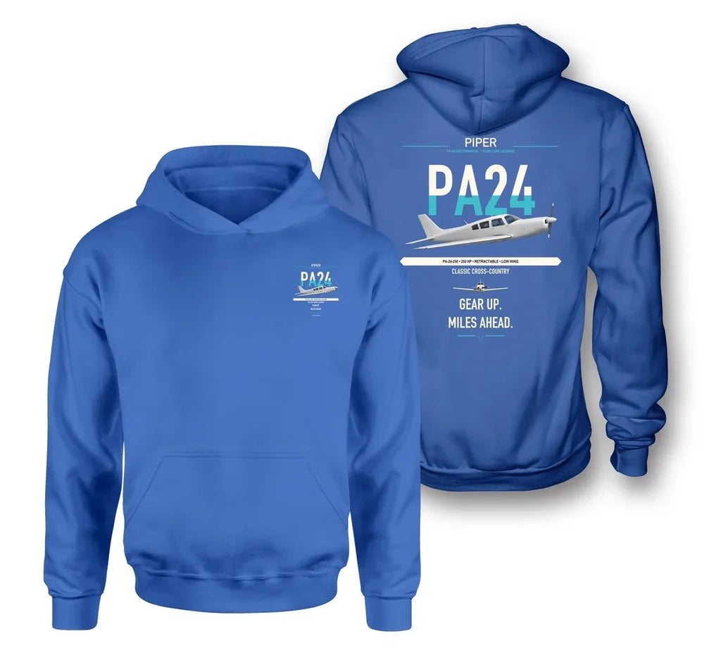 Piper PA-24-250 Comanche 250 design on blue double-side hoodie, double-side print