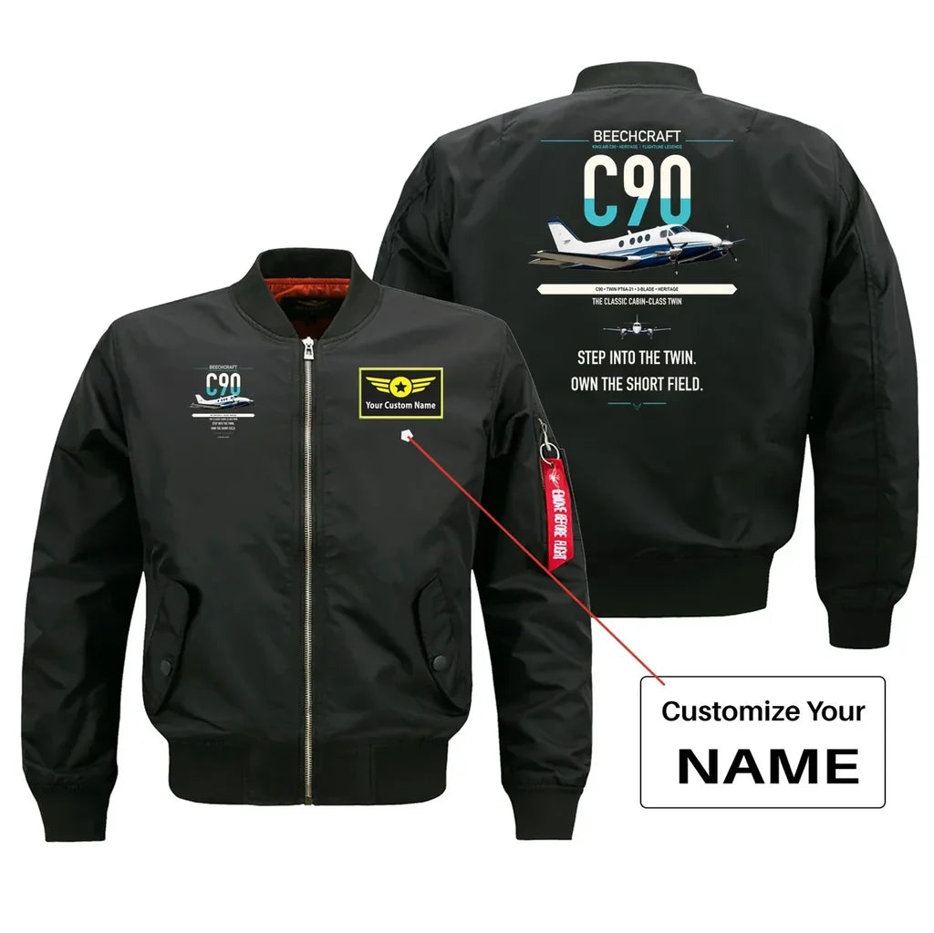 Beechcraft King Air C90 design on black+name bomber jacket, double-side print