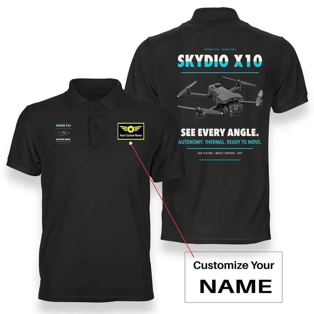 Skydio X10 design on black polo with custom name badge