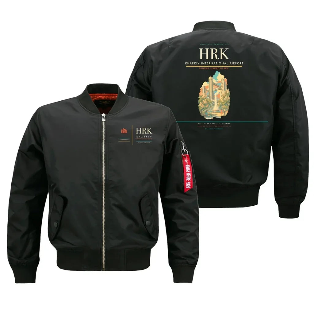 Kharkiv International Airport (HRK) design on black bomber jacket