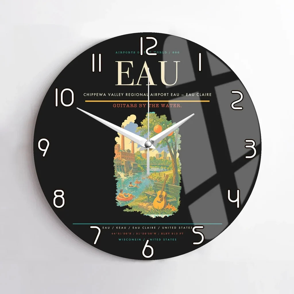 Chippewa Valley Regional Airport (EAU) design on black no frame wall clock